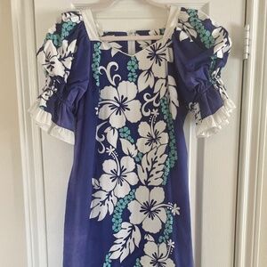 Royal Creations Hawaii Indigo Hawaiian Dress with puff sleeves